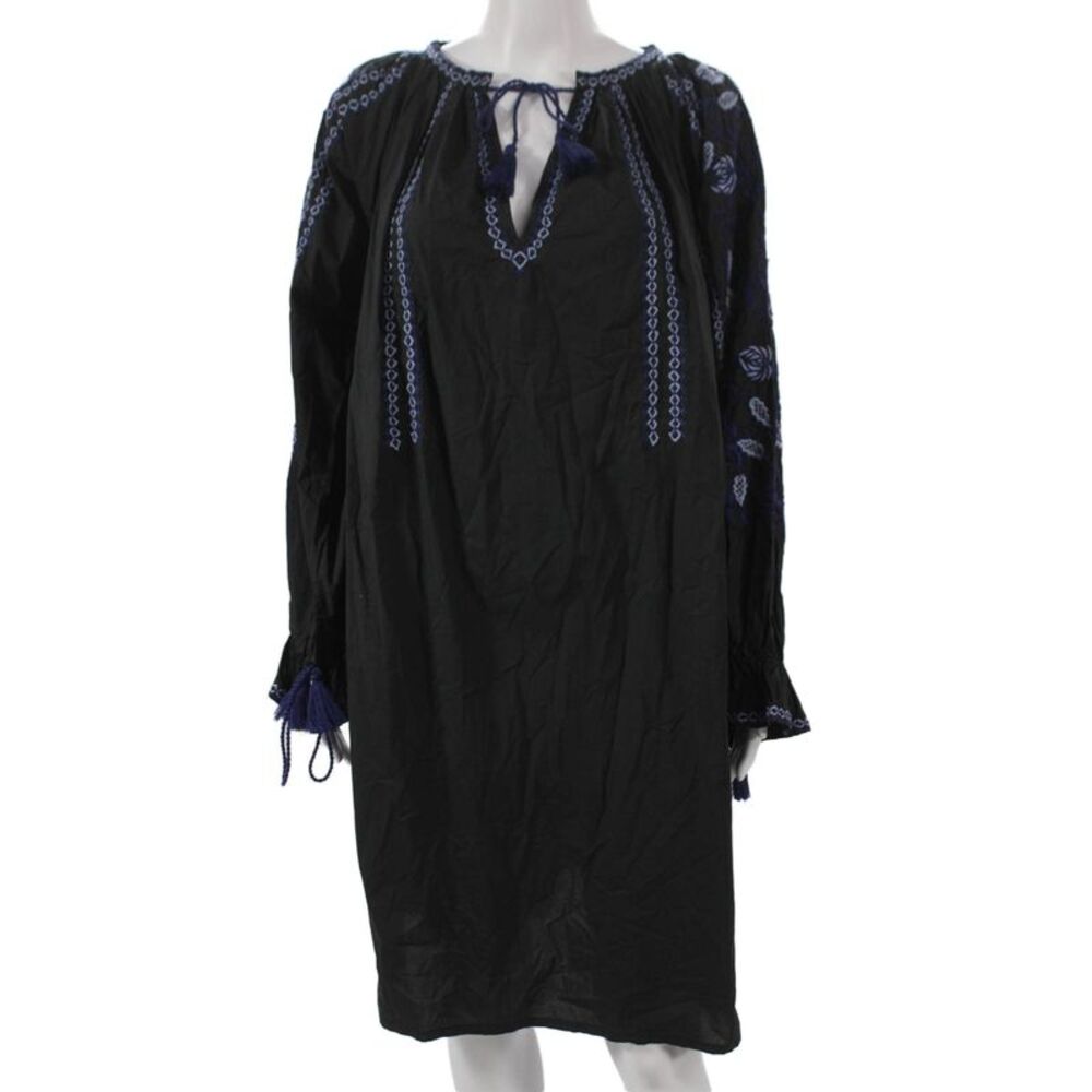 Ne Quittez Pas Womens Shift Dress Black Floral V-Neck Long Sleeve Cotton Size S